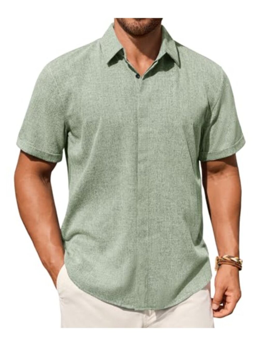 Men's Linen Blend Short Sleeve Button Down Shirt Casual Summer Beach
